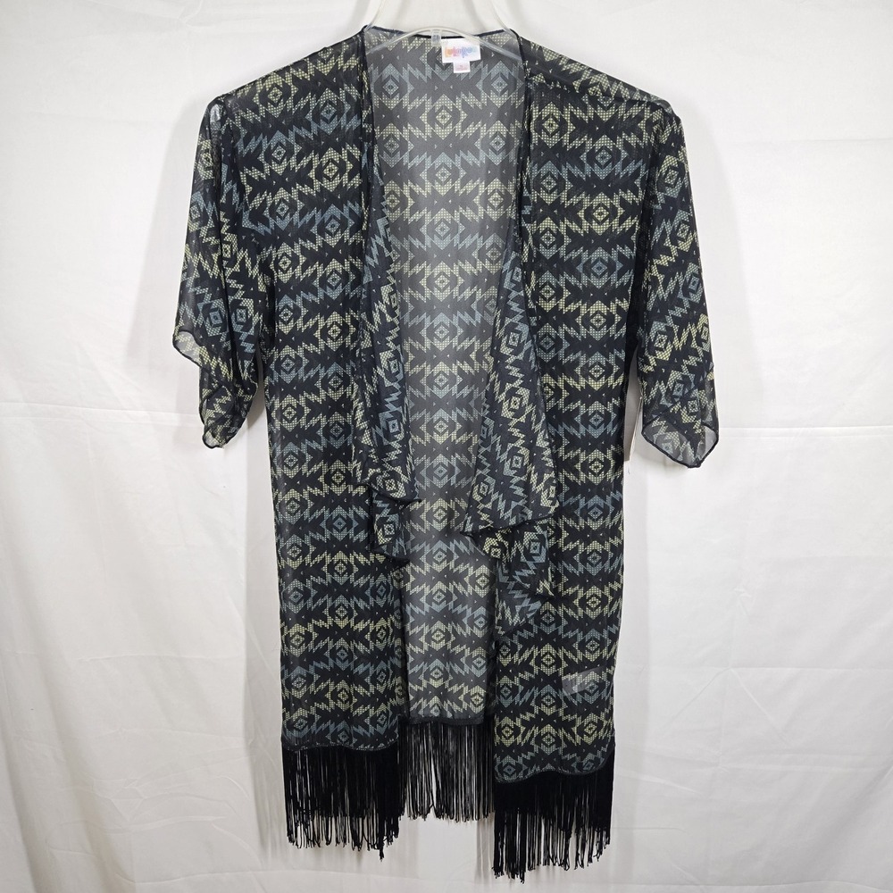 LuLaRoe‎ Monroe Kimono Fringe Cardigan Small S Black  Aztec Sheer Boho Festival
